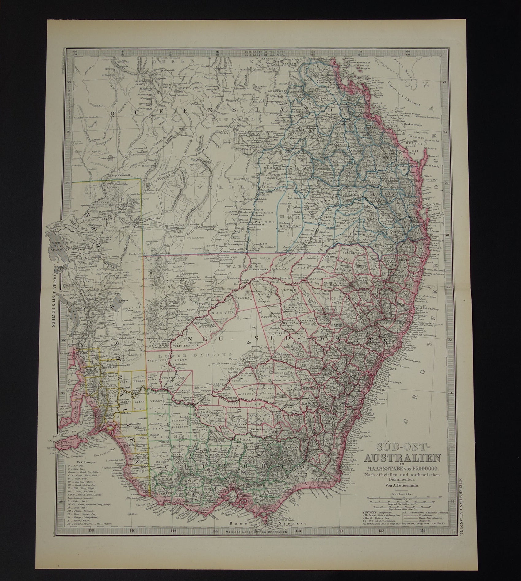 AUSTRALIE oude kaart van Zuid-Oost Australië 1886 originele antieke Duitse handgekleurde landkaart poster met jaartal