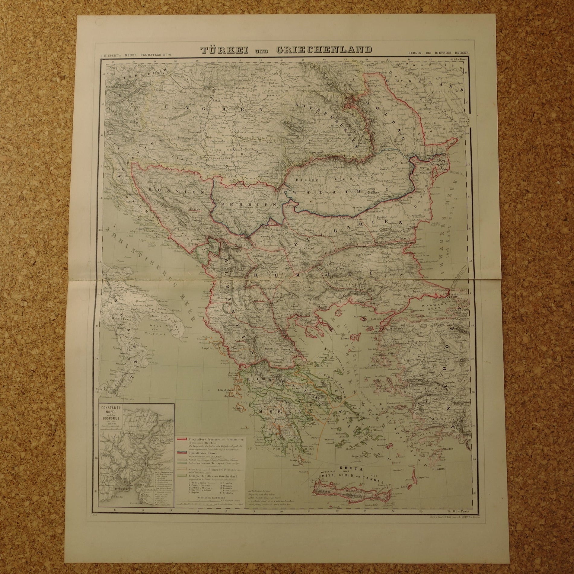 Grote Oude landkaart van de Balkan in 1856 met schade - Antieke kaart Europees Turkije Servië Griekenland handgekleurde vintage landkaarten