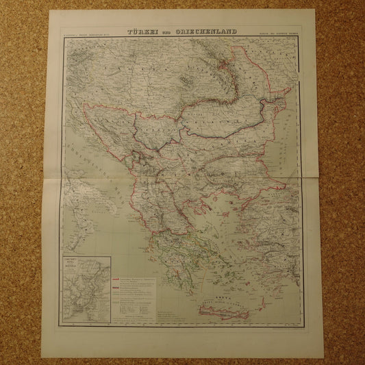 Grote Oude landkaart van de Balkan in 1856 met schade - Antieke kaart Europees Turkije Servië Griekenland handgekleurde vintage landkaarten
