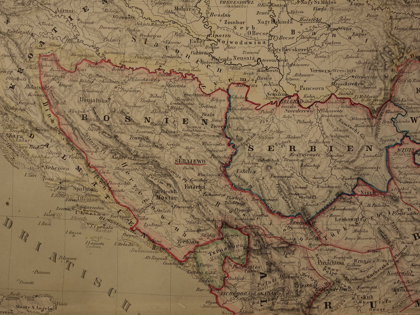 Large Old Map of the Balkans in 1856 with damage - Antique map European Turkey Serbia Greece hand colored vintage maps