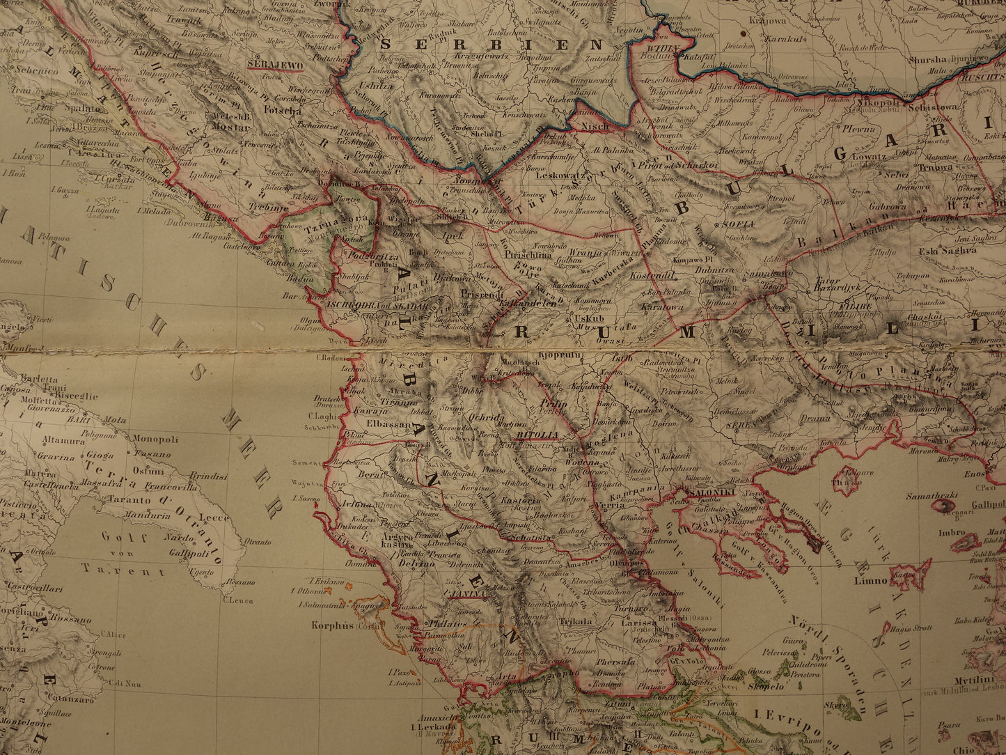 Large Old Map of the Balkans in 1856 with damage - Antique map European Turkey Serbia Greece hand colored vintage maps