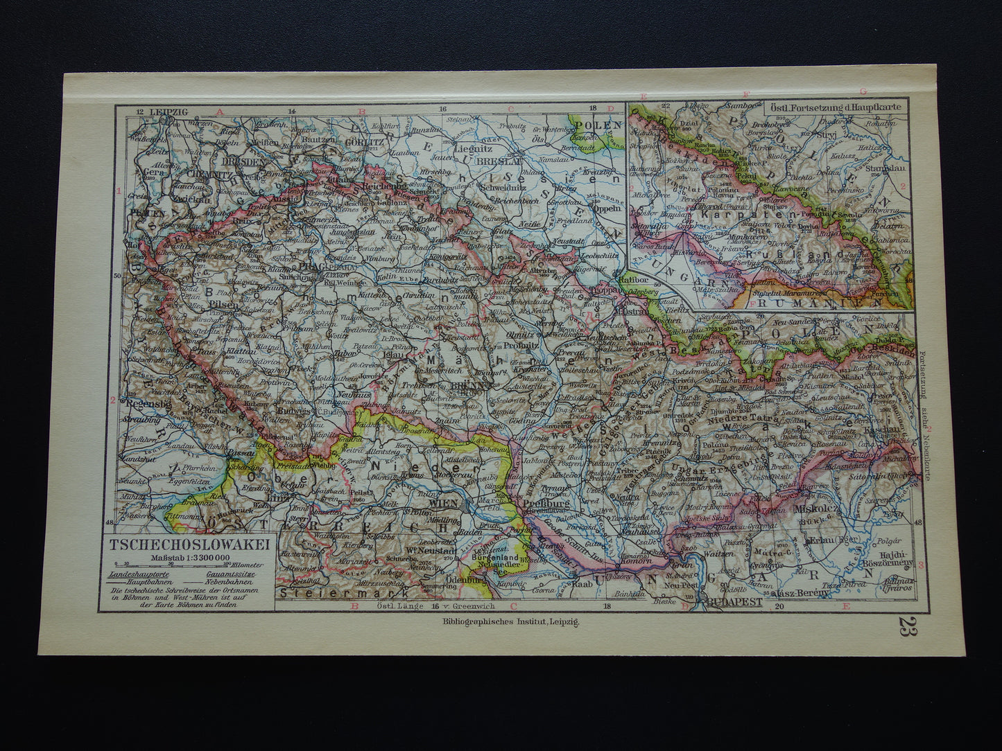 TSJECHOSLOWAKIJE oude kaart van Tsjechië en Slowakije uit 1928 originele kleine vintage landkaart Praag Bratislava