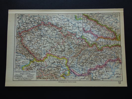 TSJECHOSLOWAKIJE oude kaart van Tsjechië en Slowakije uit 1928 originele kleine vintage landkaart Praag Bratislava
