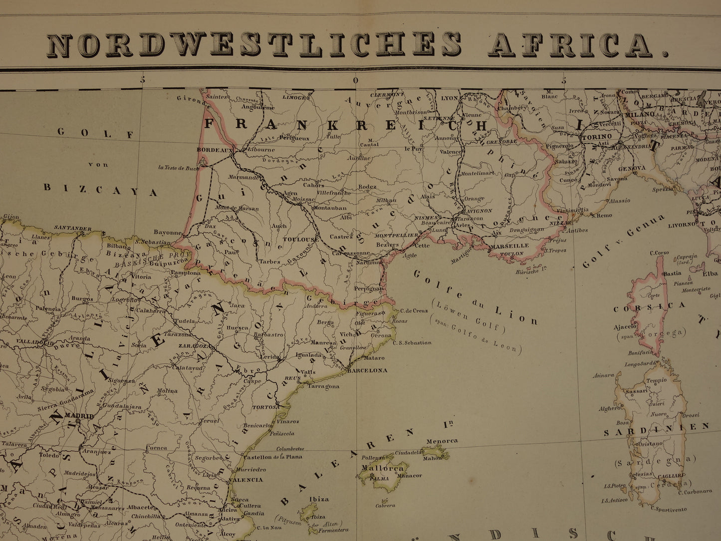 Alte Karte des westlichen Mittelmeers, originale antike Karte von Marokko, Tunesien, Algerien, Spanien und Korsika mit Datumsangabe, große historische Karten