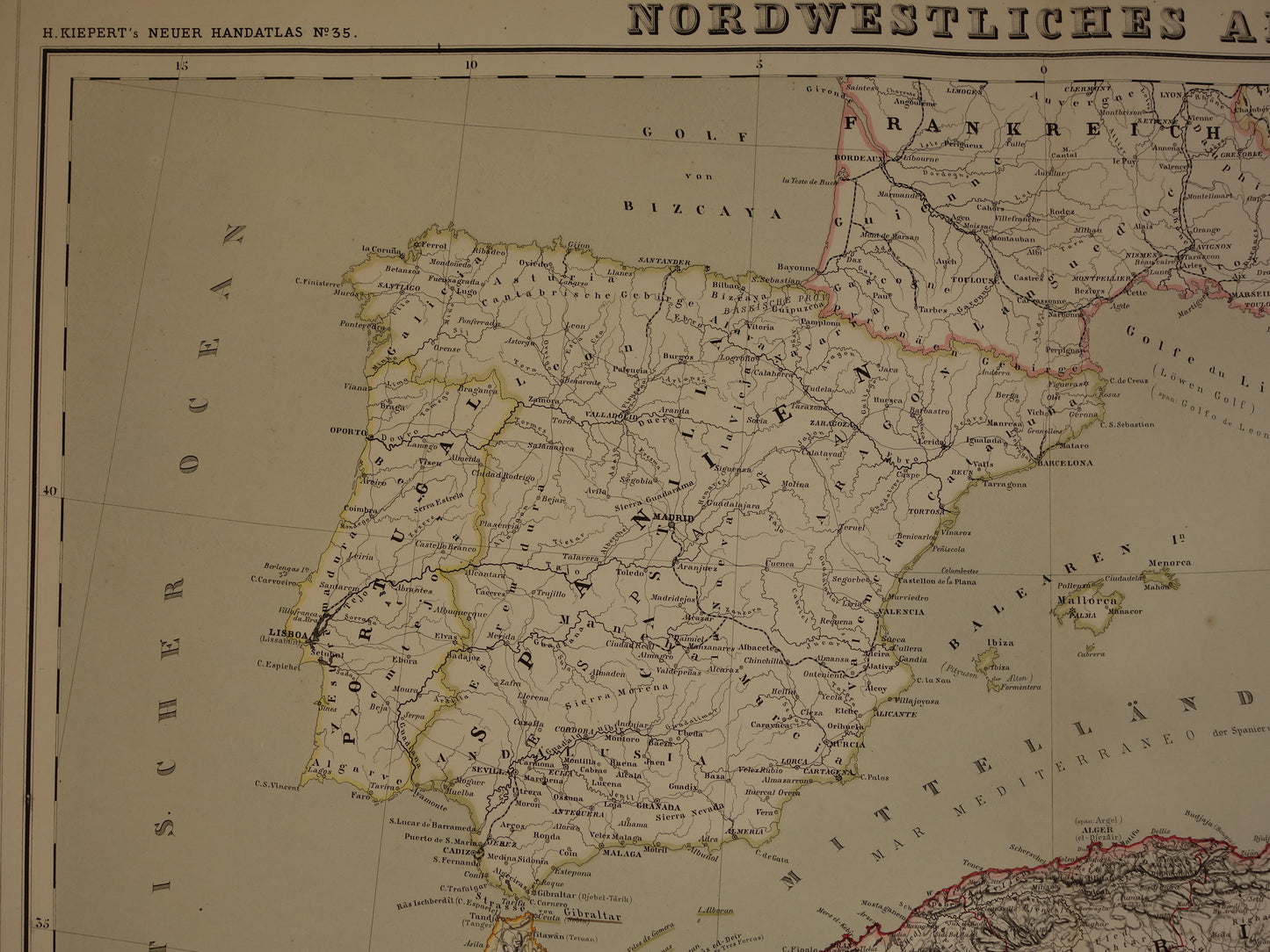 Alte Karte des westlichen Mittelmeers, originale antike Karte von Marokko, Tunesien, Algerien, Spanien und Korsika mit Datumsangabe, große historische Karten