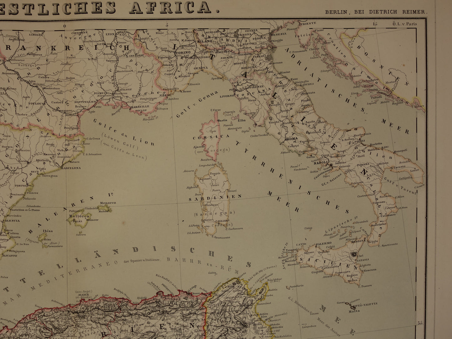 Alte Karte des westlichen Mittelmeers, originale antike Karte von Marokko, Tunesien, Algerien, Spanien und Korsika mit Datumsangabe, große historische Karten