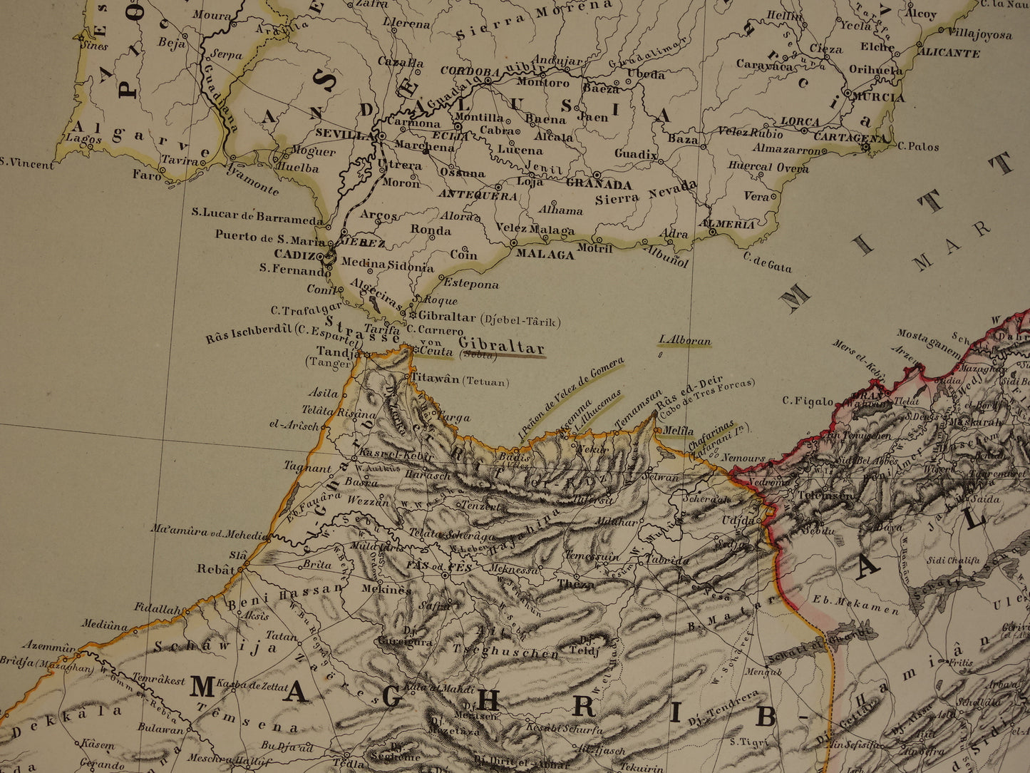 Alte Karte des westlichen Mittelmeers, originale antike Karte von Marokko, Tunesien, Algerien, Spanien und Korsika mit Datumsangabe, große historische Karten