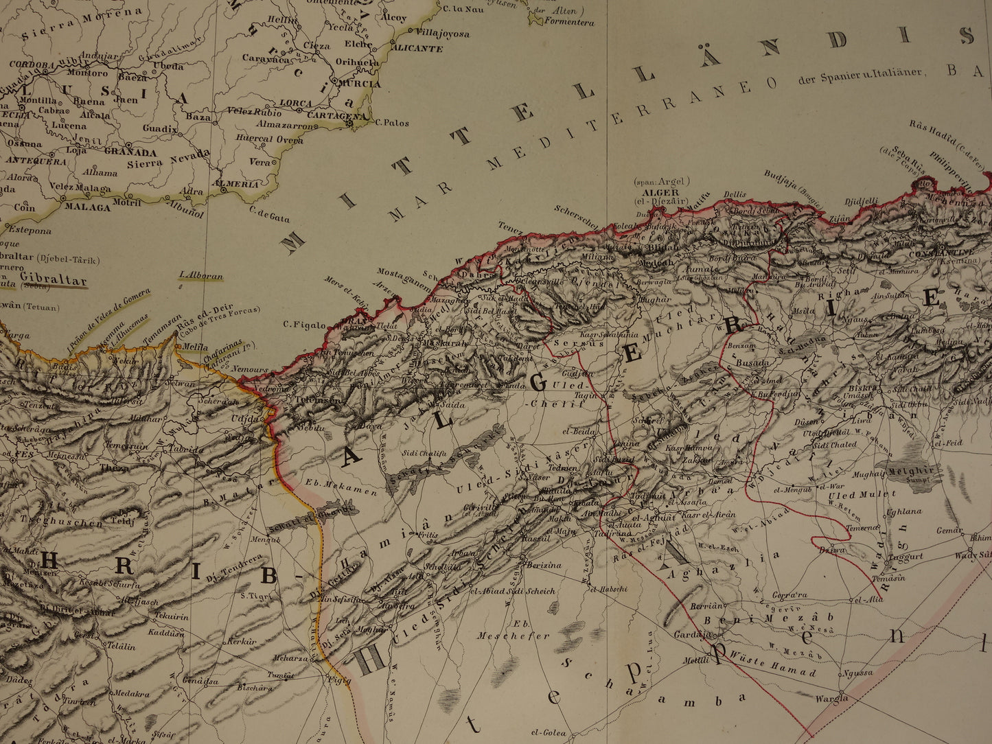 Alte Karte des westlichen Mittelmeers, originale antike Karte von Marokko, Tunesien, Algerien, Spanien und Korsika mit Datumsangabe, große historische Karten