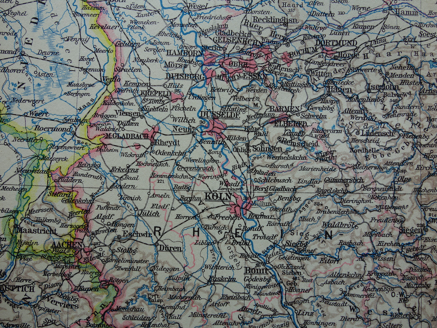 GERMANY old map of Rhineland 1928 original vintage German map Ruhr area Cologne Essen Dortmund Kassel