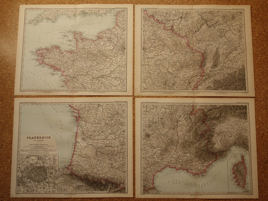 Grote oude landkaart van Frankrijk 1886 originele antieke kaart 74 x 92 cm met jaartal vintage landkaarten