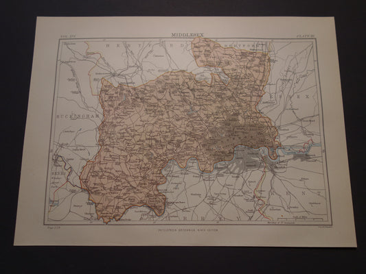 LONDEN antieke kaart van Middlesex Engeland uit 1883 originele vintage historische kaarten Londen en omgeving