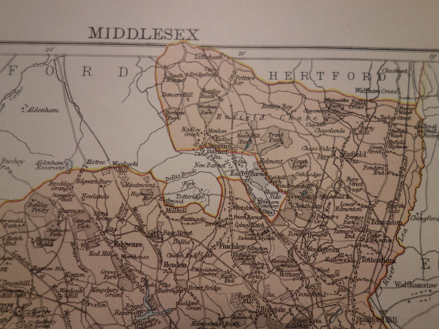 LONDON antique map of Middlesex England from 1883 original vintage historical maps London and environs