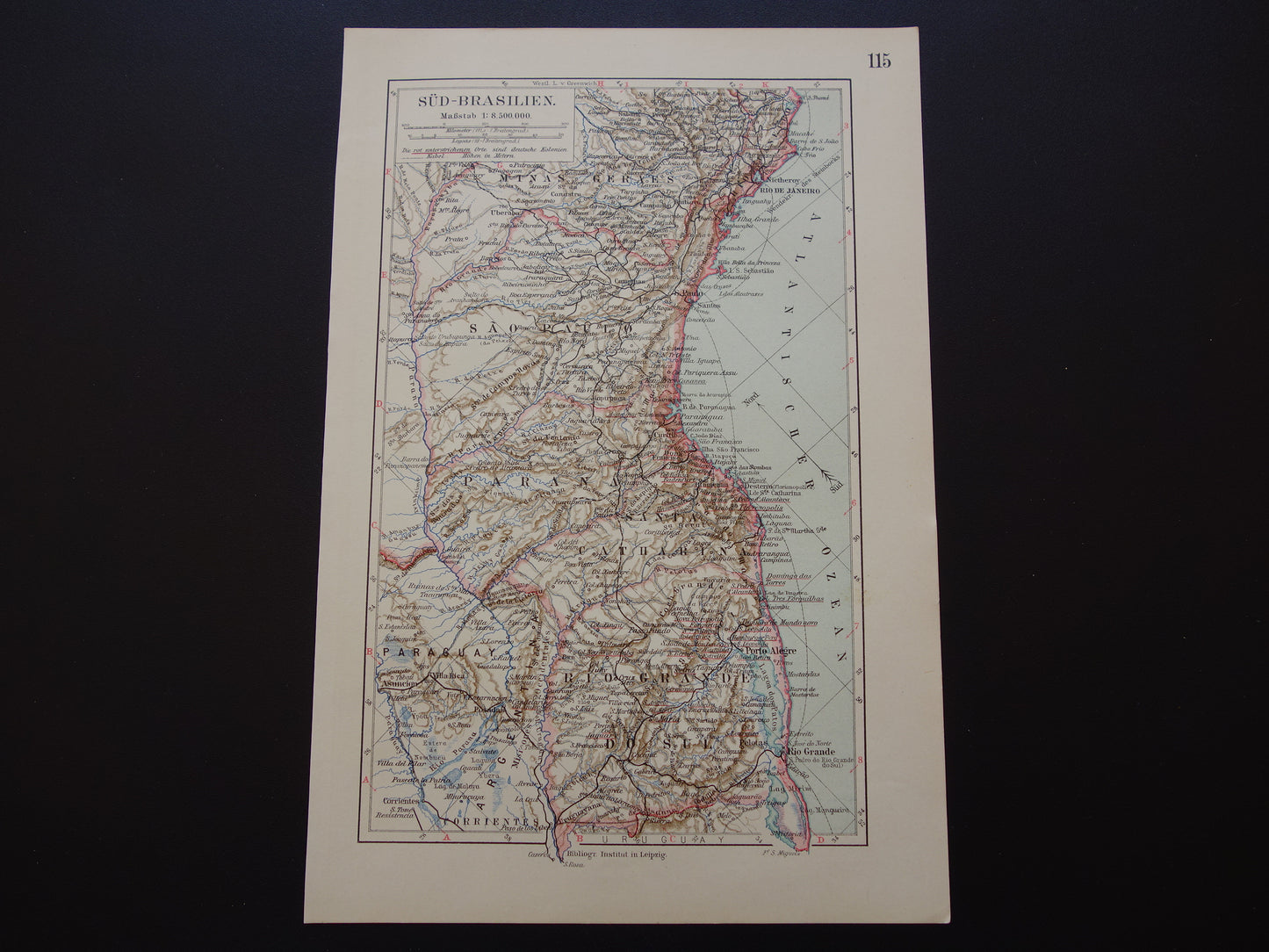 BRAZILIË oude landkaart van zuid-Brazilië 1913 originele antieke kleine kaart Rio Grande Rio de Janeiro