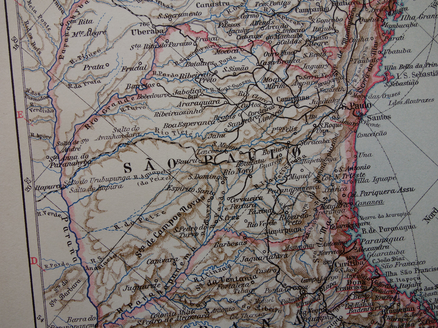 BRAZILIË oude landkaart van zuid-Brazilië 1913 originele antieke kleine kaart Rio Grande Rio de Janeiro
