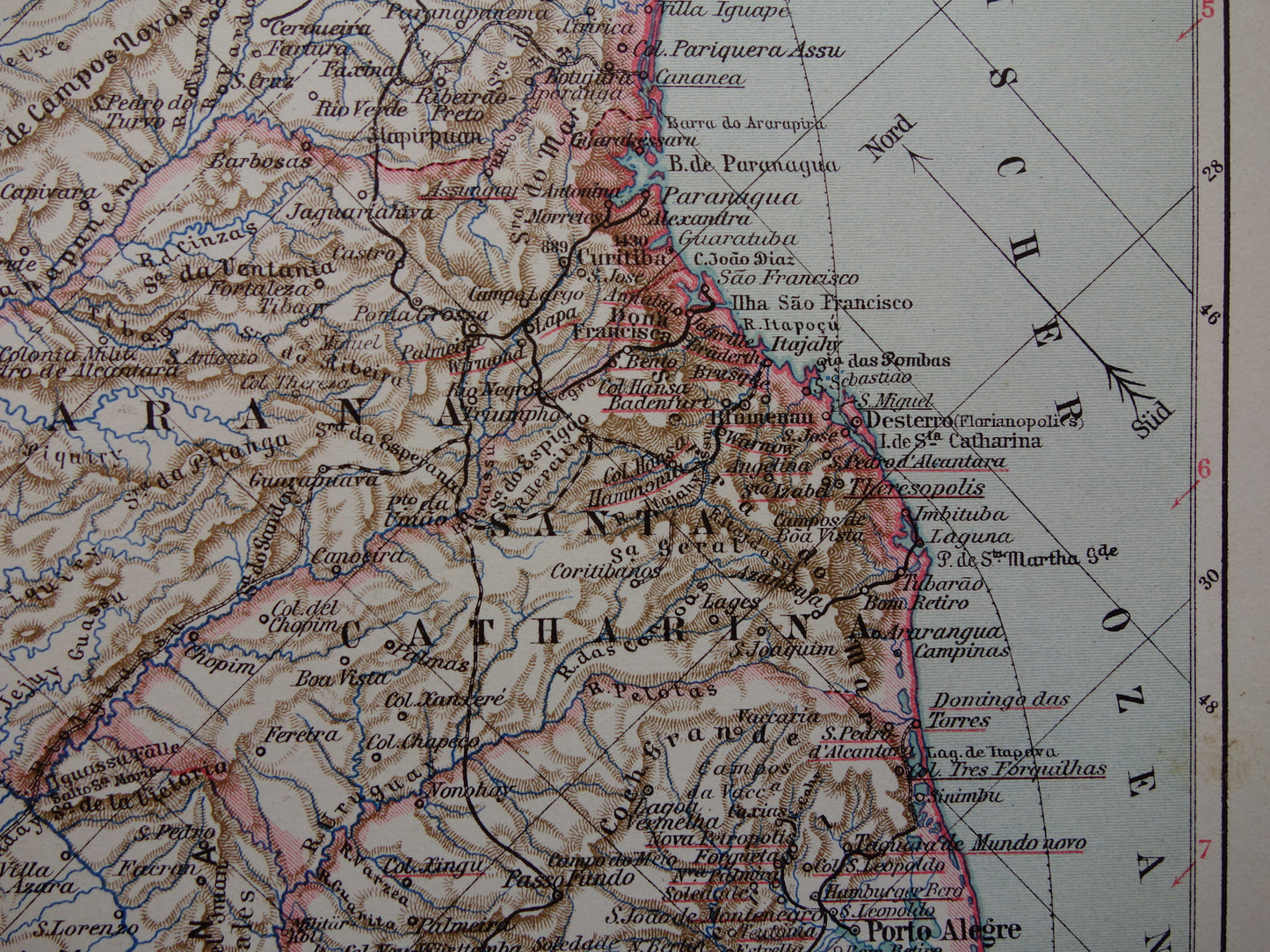 BRAZILIË oude landkaart van zuid-Brazilië 1913 originele antieke kleine kaart Rio Grande Rio de Janeiro