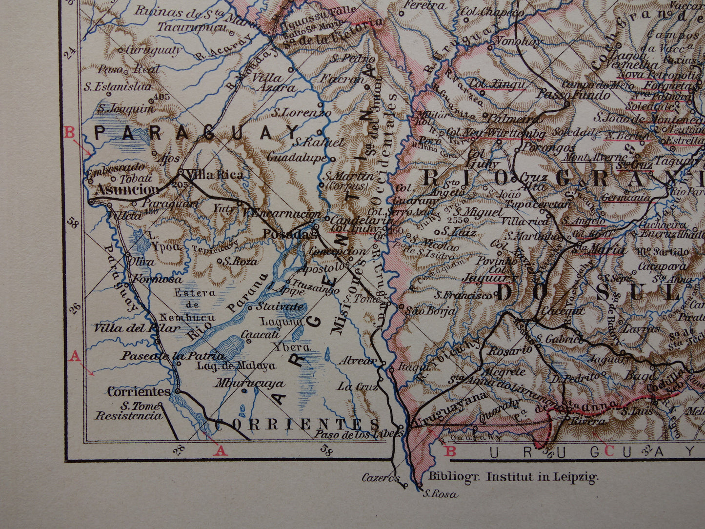 BRAZILIË oude landkaart van zuid-Brazilië 1913 originele antieke kleine kaart Rio Grande Rio de Janeiro