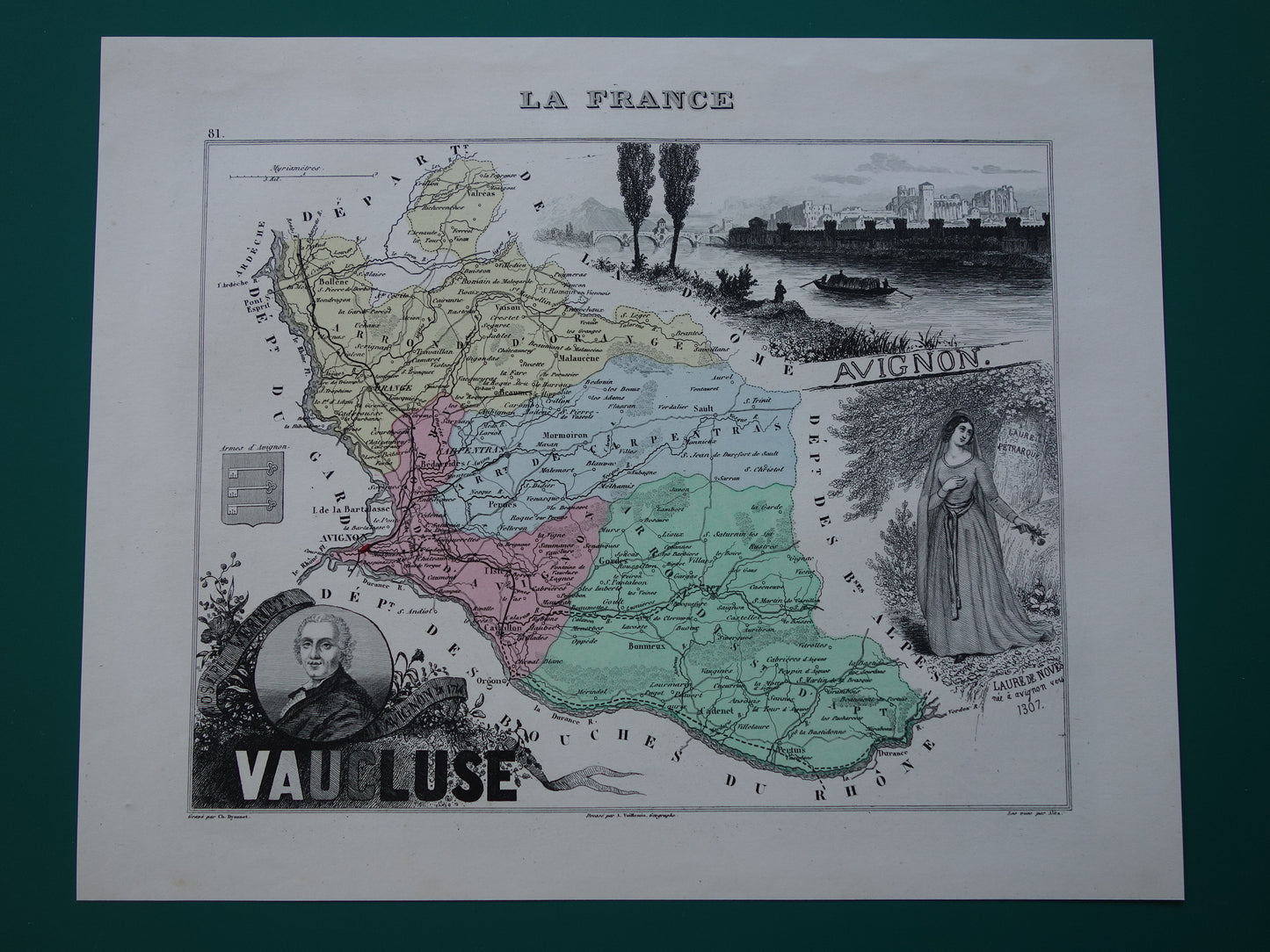 Old map of Vaucluse department in France from 1872 original antique hand colored map Avignon