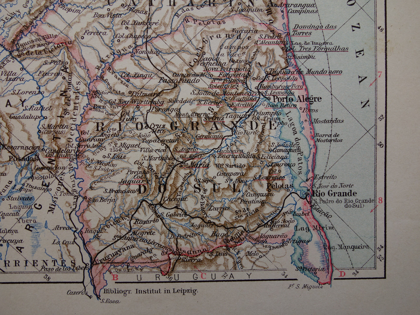 BRAZILIË oude landkaart van zuid-Brazilië 1913 originele antieke kleine kaart Rio Grande Rio de Janeiro