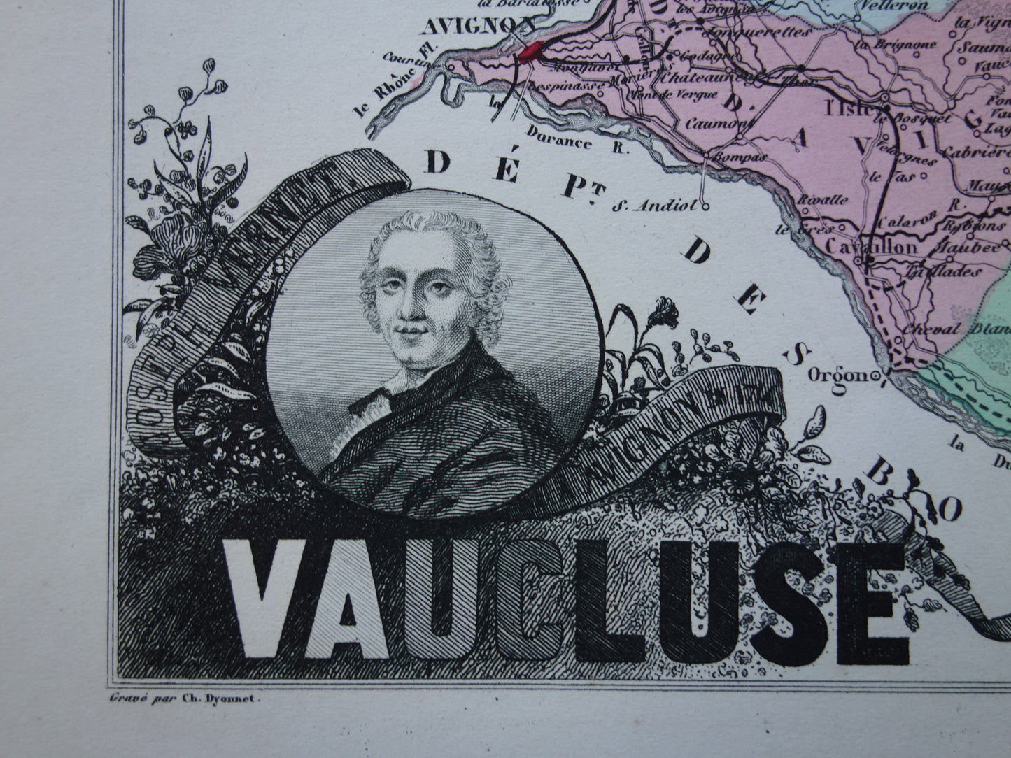 Old map of Vaucluse department in France from 1872 original antique hand colored map Avignon