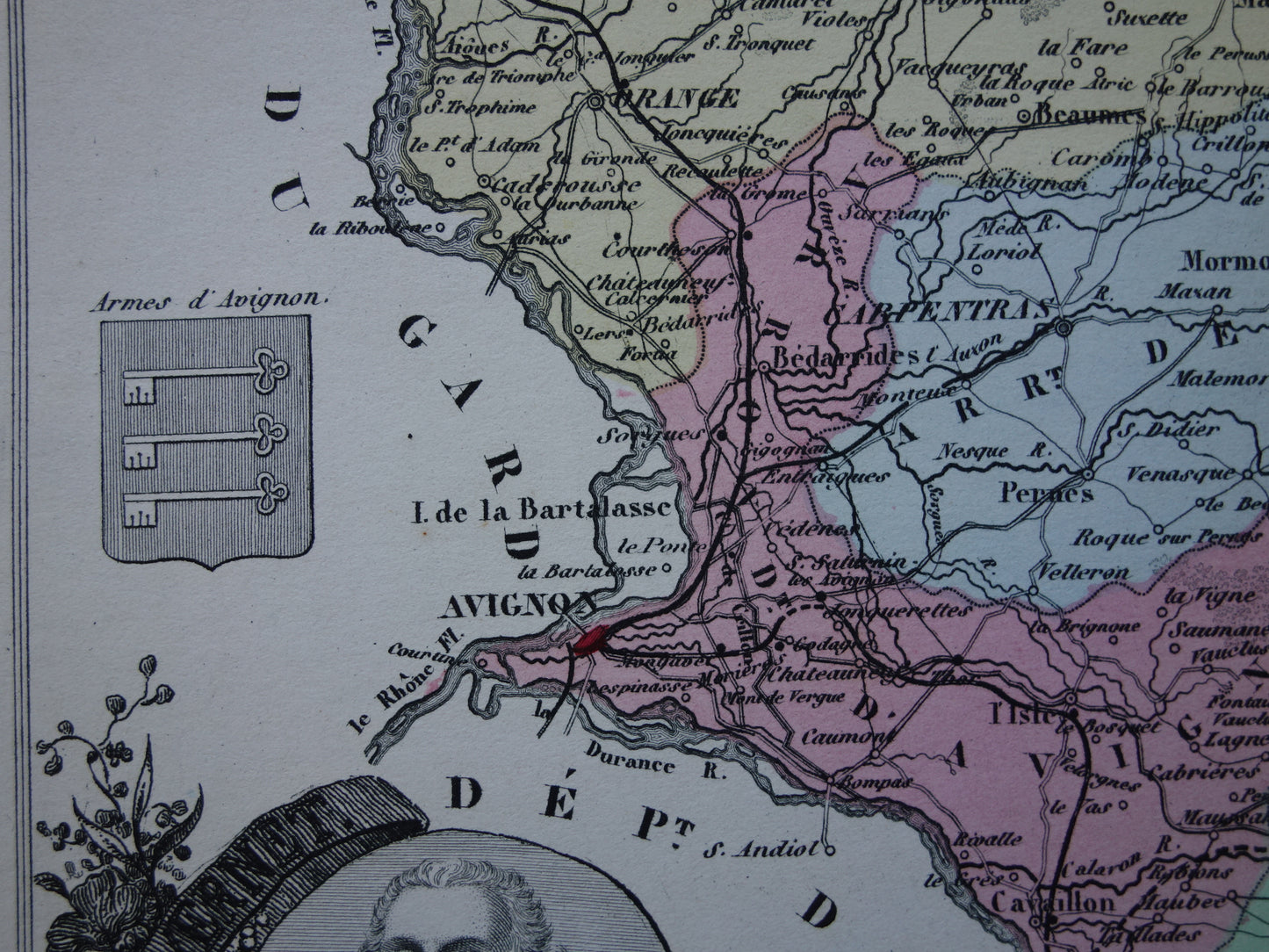 Old map of Vaucluse department in France from 1872 original antique hand colored map Avignon