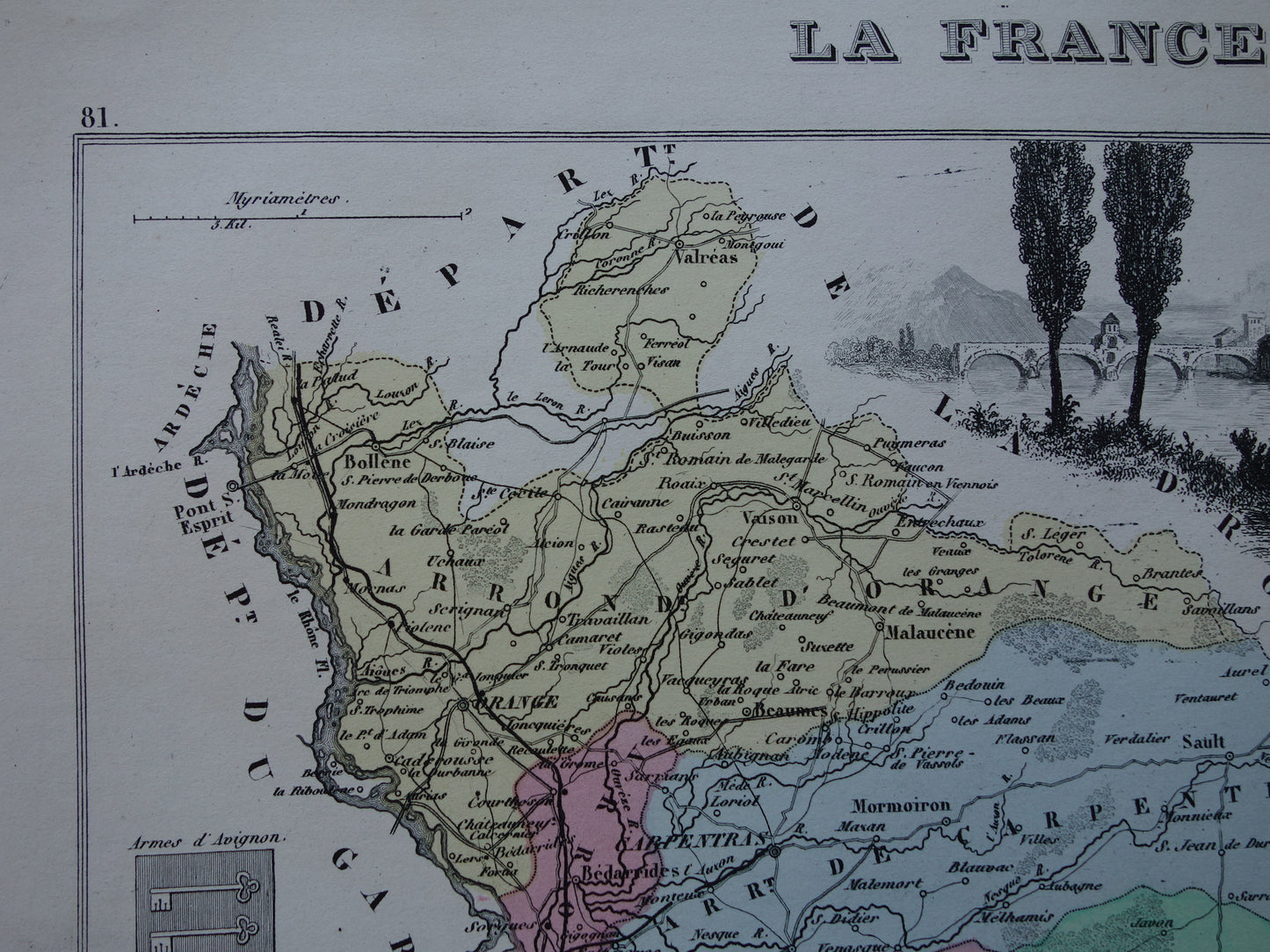 Old map of Vaucluse department in France from 1872 original antique hand colored map Avignon