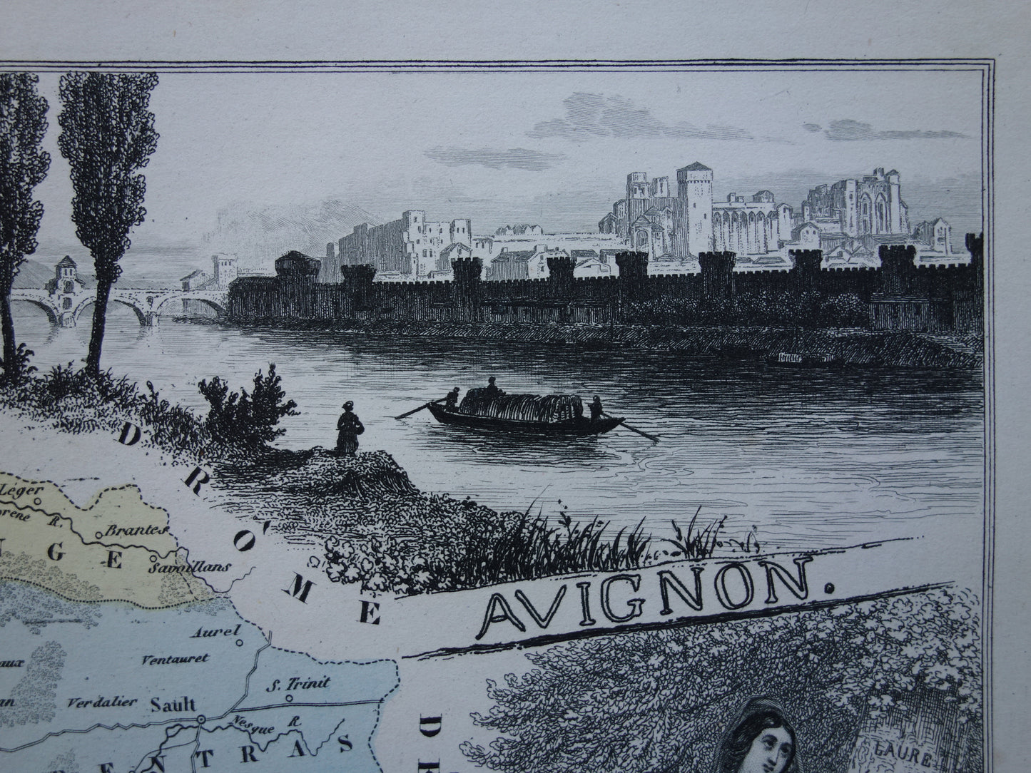 Old map of Vaucluse department in France from 1872 original antique hand colored map Avignon