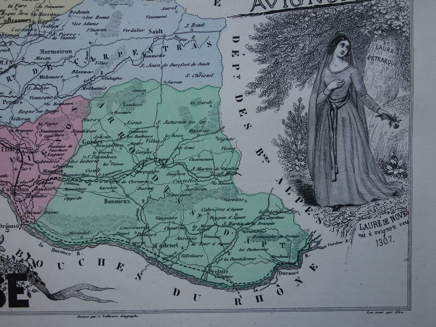 Old map of Vaucluse department in France from 1872 original antique hand colored map Avignon