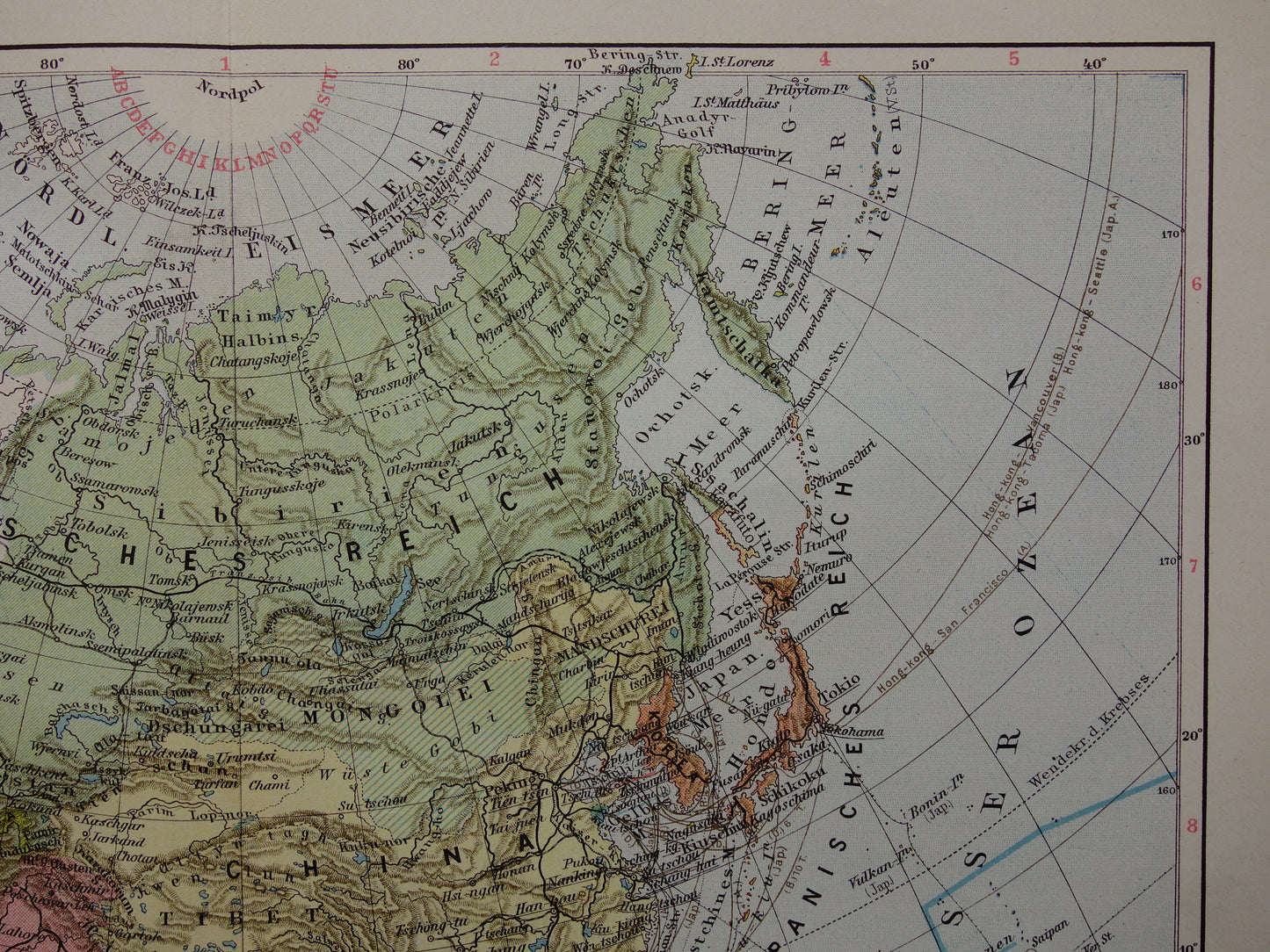 ASIA old map of continent Asia from 1913 original antique map