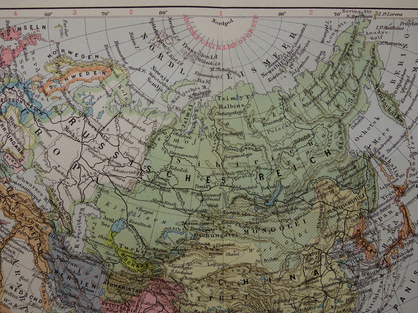 ASIA old map of continent Asia from 1913 original antique map