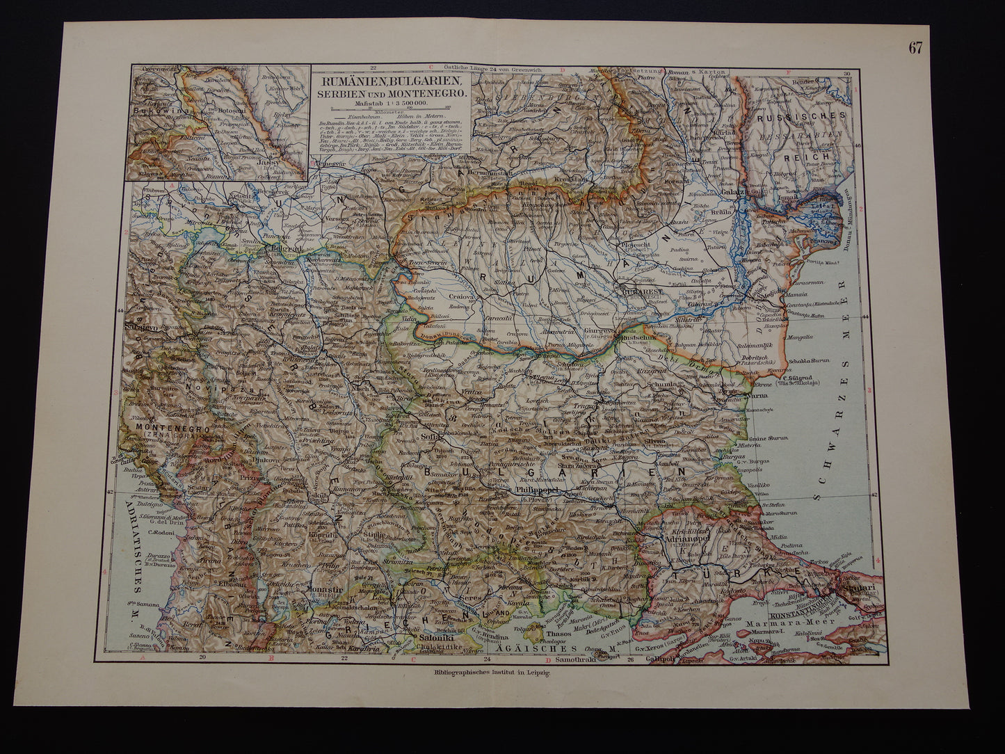 Old map of Romania Bulgaria and Serbia from 1905 Balkans original antique print Varna Sofia Belgrade Bucharest vintage maps