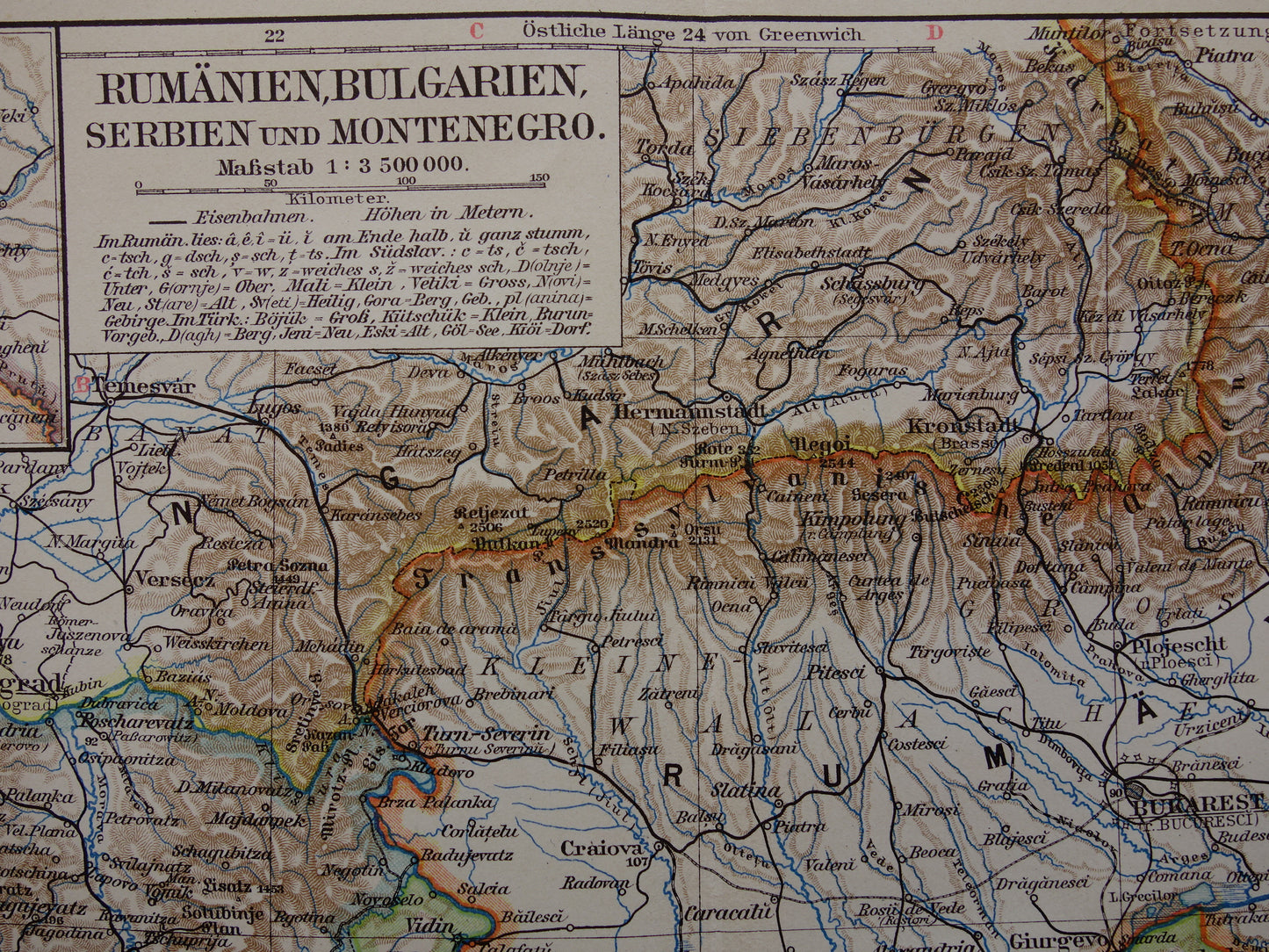 Old map of Romania Bulgaria and Serbia from 1905 Balkans original antique print Varna Sofia Belgrade Bucharest vintage maps