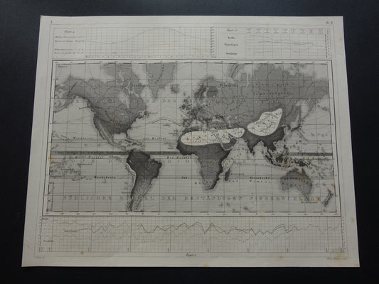 WERELDKAART oude klimaatkaart van de wereld 1849 originele antieke kaart over metereologie klimaat neerslag regen