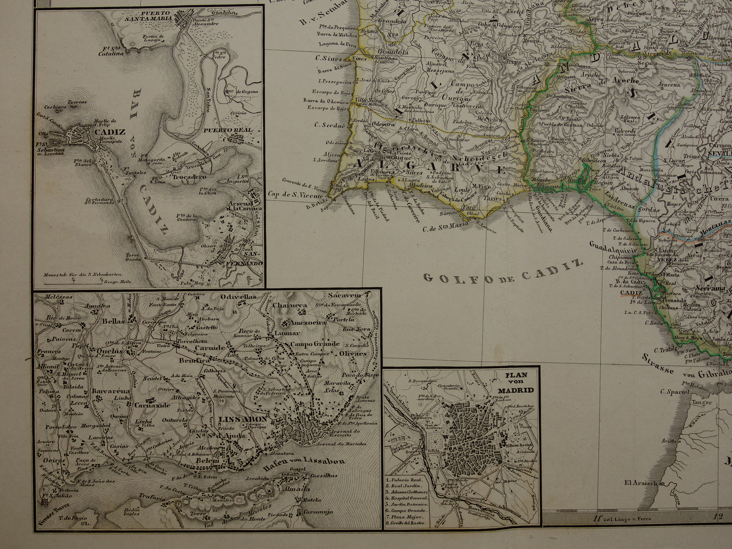 SPANJE Grote oude kaart van Spanje en Portugal 1860 originele antieke landkaart poster 73x89 cm met jaartal