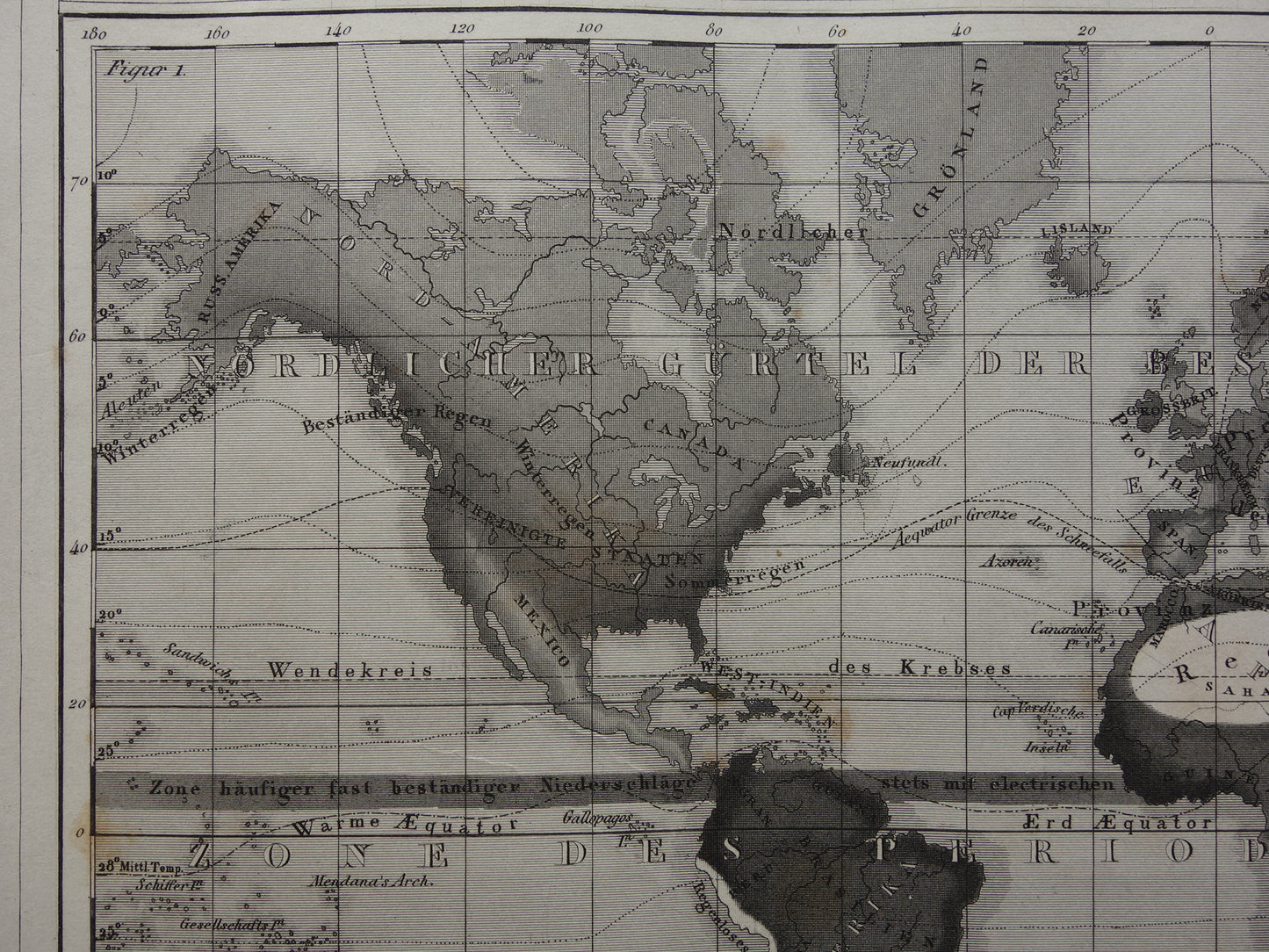 WORLD MAP old climate map of the world 1849 original antique map about meteorology climate precipitation rain