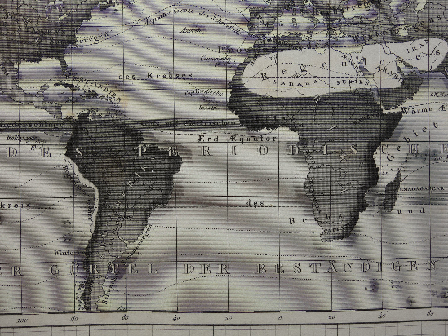 WORLD MAP old climate map of the world 1849 original antique map about meteorology climate precipitation rain