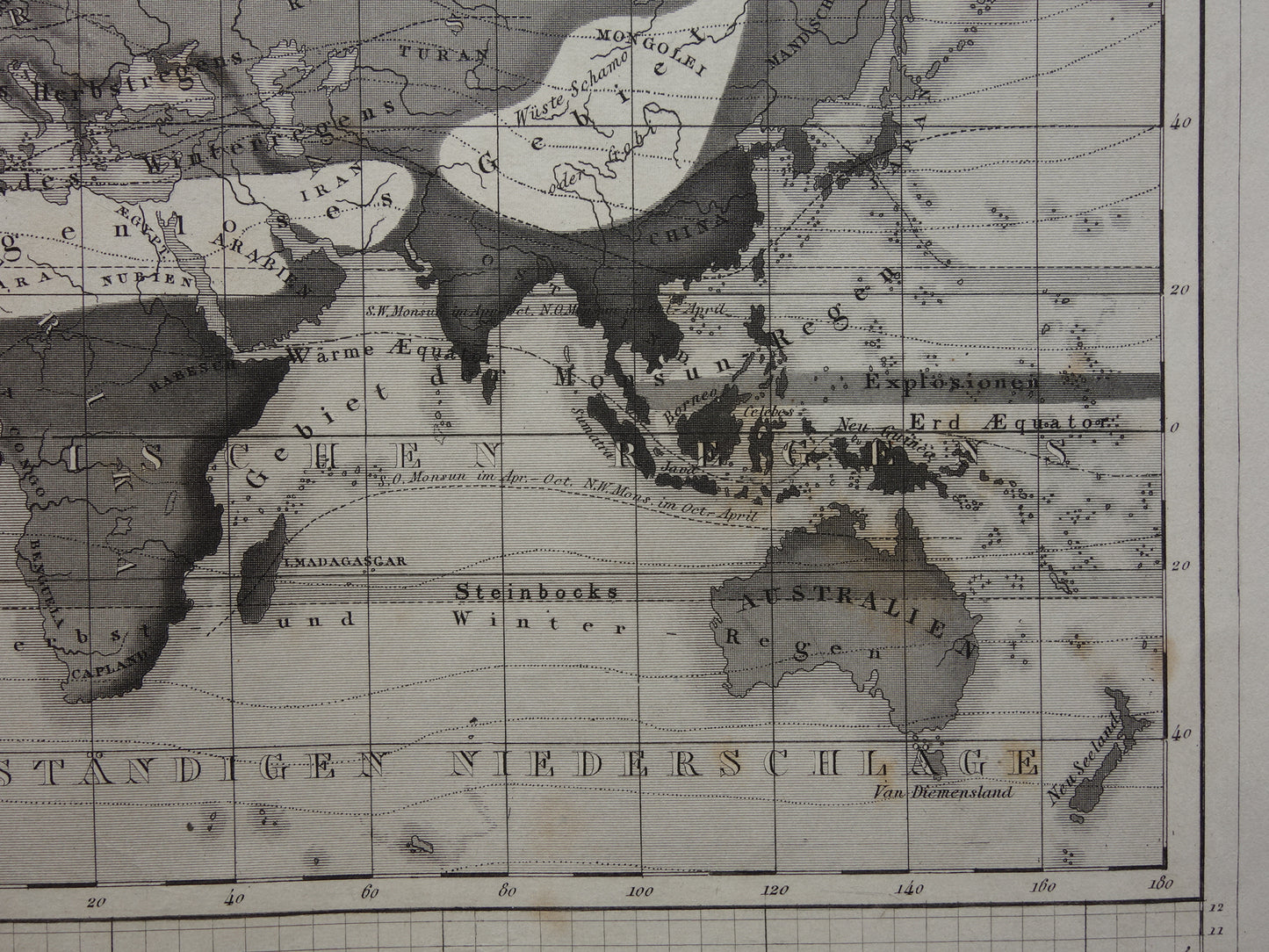 WORLD MAP old climate map of the world 1849 original antique map about meteorology climate precipitation rain
