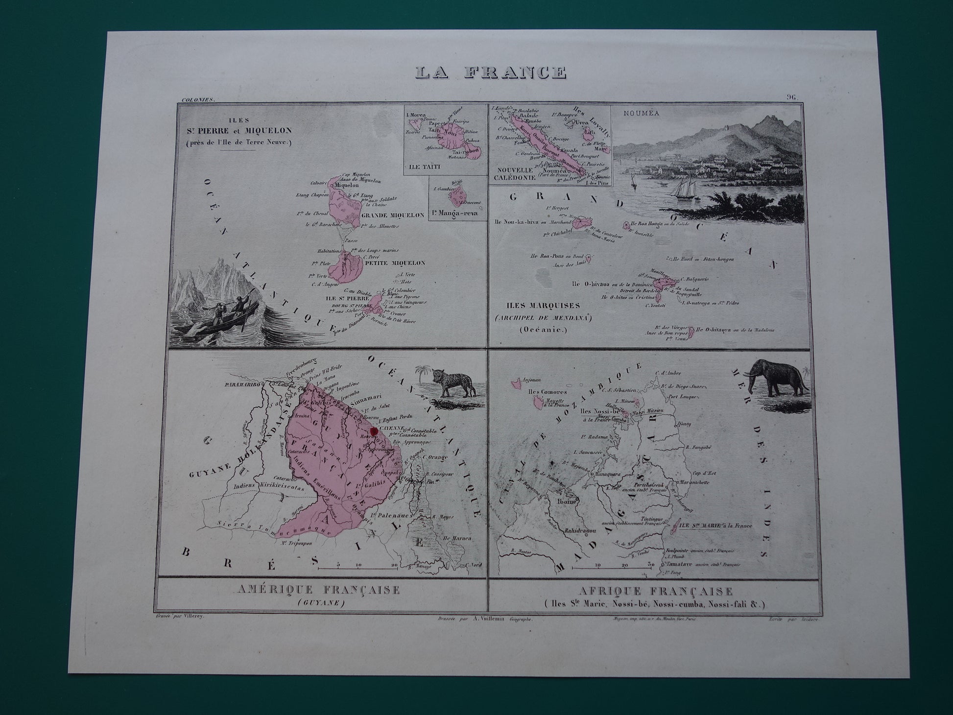 Oude kaarten van Saint-Pierre en Miquelon Frans-Guyana Marquesas Eilanden uit 1883 Originele antieke landkaart