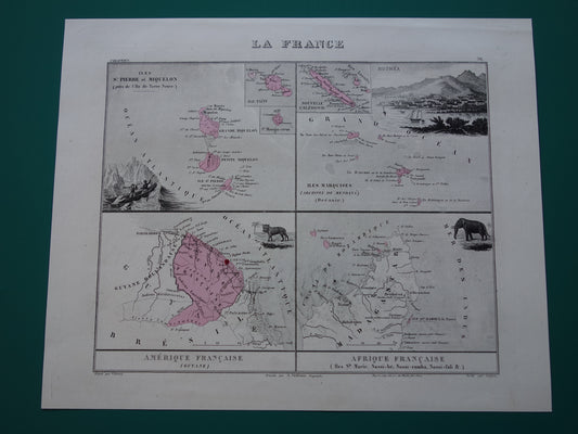 Oude kaarten van Saint-Pierre en Miquelon Frans-Guyana Marquesas Eilanden uit 1883 Originele antieke landkaart