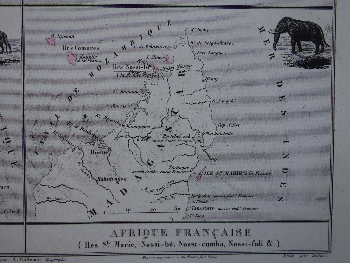 Oude kaarten van Saint-Pierre en Miquelon Frans-Guyana Marquesas Eilanden uit 1883 Originele antieke landkaart