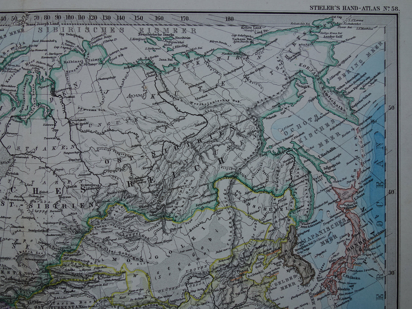 ASIA old map of Asia in 1885 original antique German map China India Indonesia vintage poster