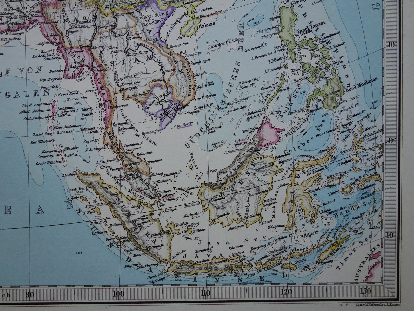 ASIA old map of Asia in 1885 original antique German map China India Indonesia vintage poster