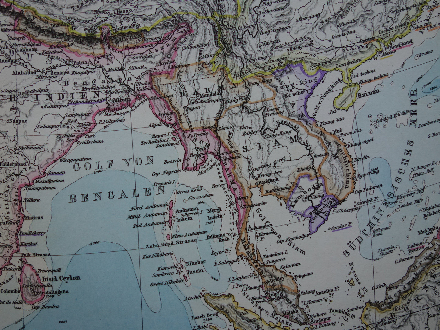 ASIA old map of Asia in 1885 original antique German map China India Indonesia vintage poster
