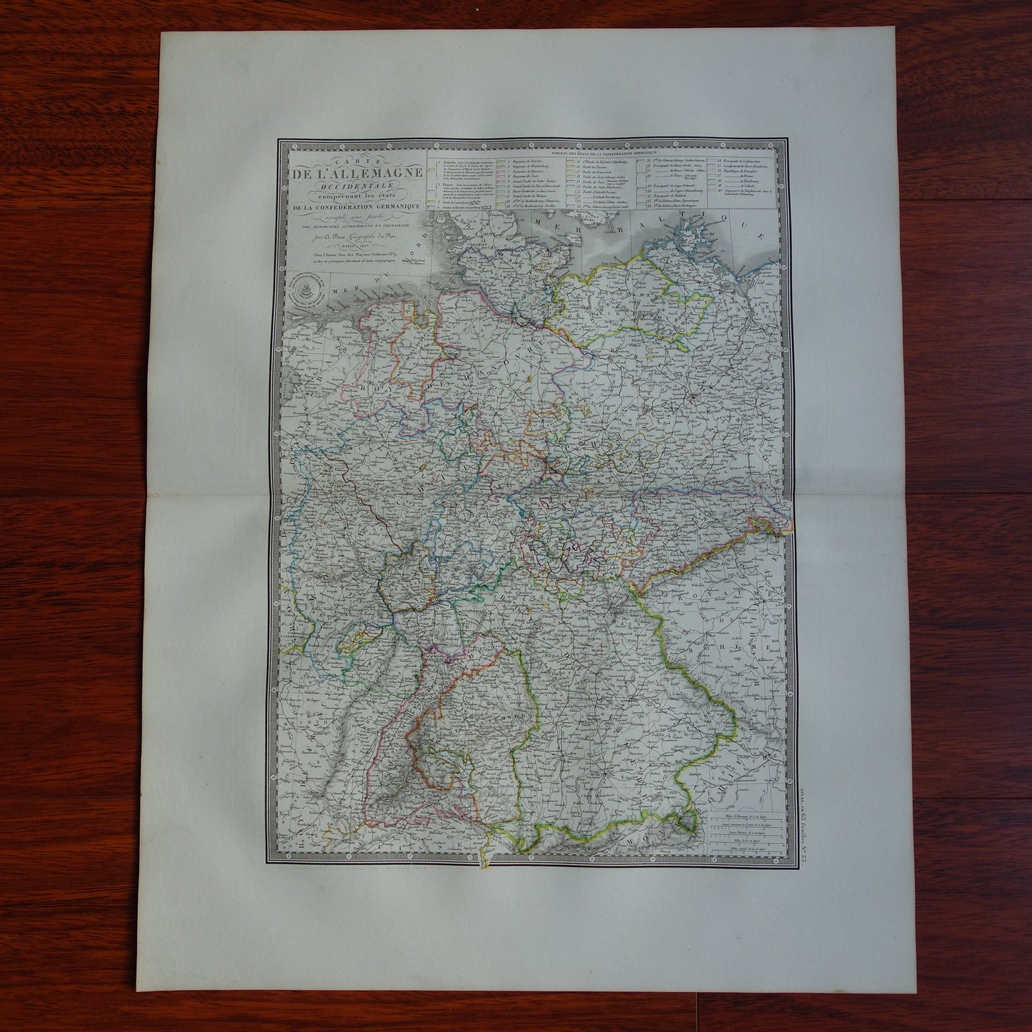 DUITSLAND grote oude Franse kaart van Duitse Bond Confederatie in 1827 originele antieke handgekleurde landkaart poster