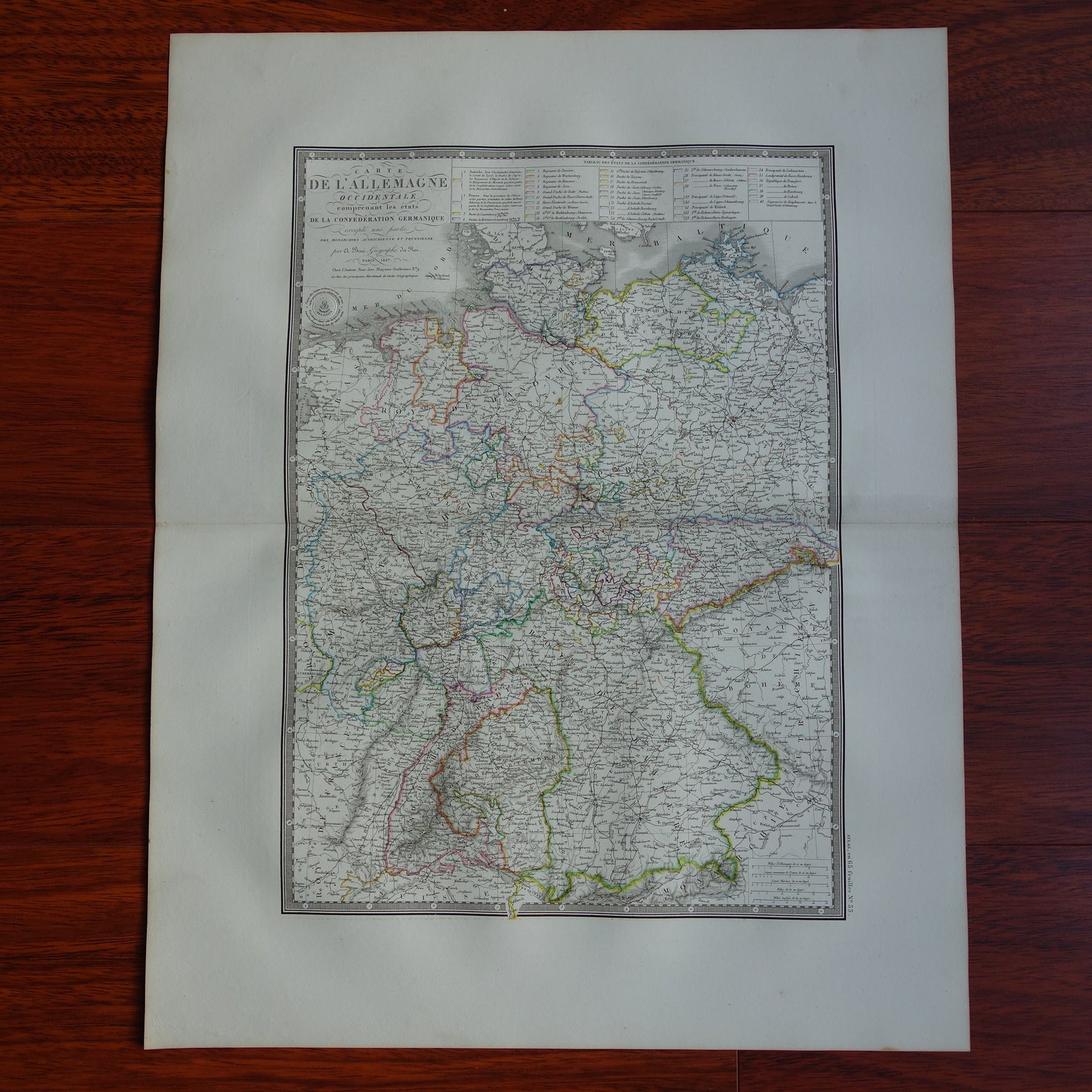 DUITSLAND grote oude Franse kaart van Duitse Bond Confederatie in 1827 originele antieke handgekleurde landkaart poster