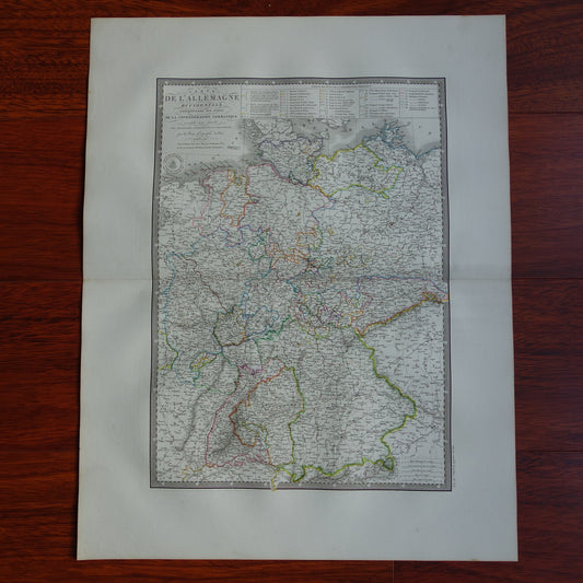 DUITSLAND grote oude Franse kaart van Duitse Bond Confederatie in 1827 originele antieke handgekleurde landkaart poster