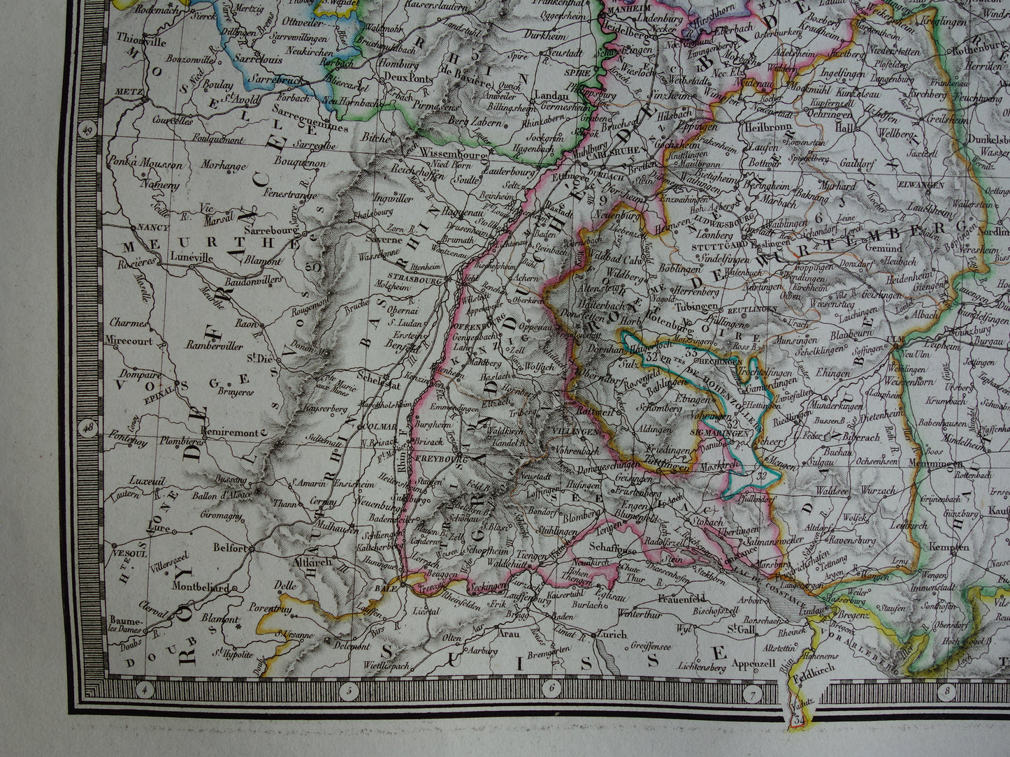 DUITSLAND grote oude Franse kaart van Duitse Bond / Confederatie in 1827 originele antieke handgekleurde landkaart poster