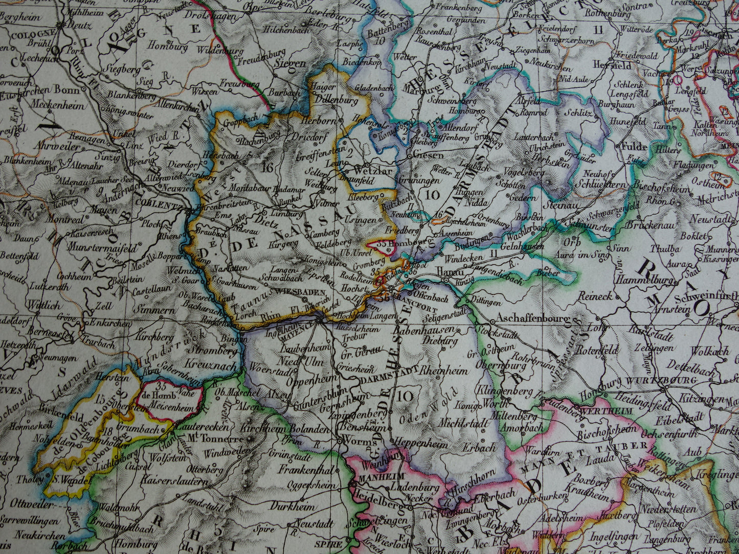 DUITSLAND grote oude Franse kaart van Duitse Bond / Confederatie in 1827 originele antieke handgekleurde landkaart poster