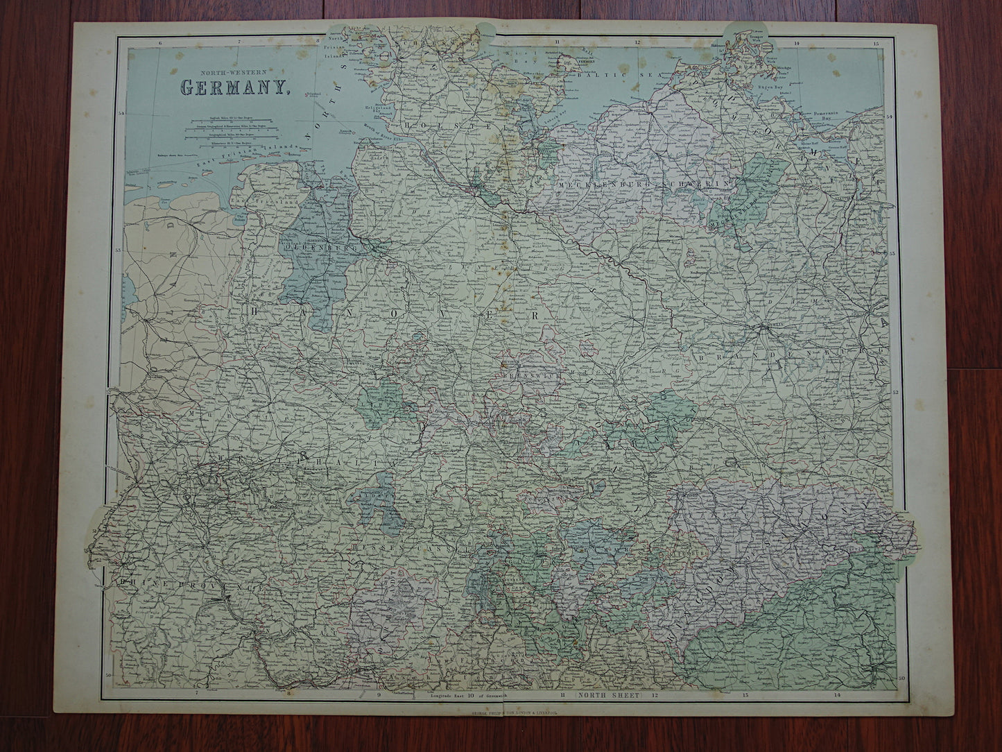 DUITSLAND Grote oude landkaart van Noord-Duitsland uit 1890 originele antieke historische kaart