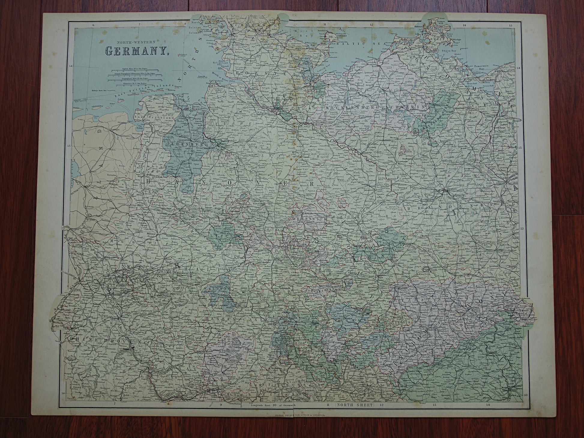 DUITSLAND Grote oude landkaart van Noord-Duitsland uit 1890 originele antieke historische kaart