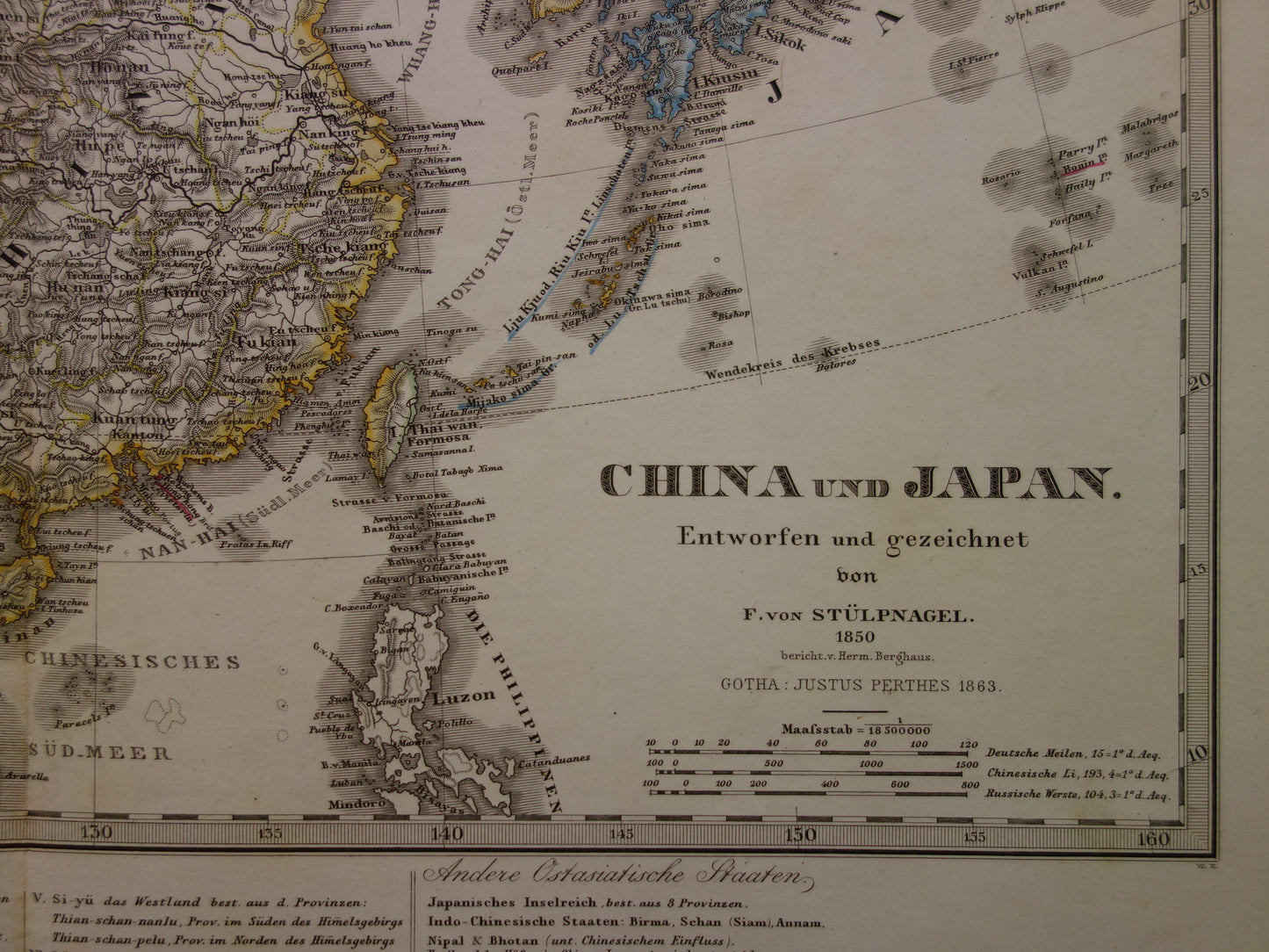 Alte deutsche Karte von China und Japan aus dem Jahr 1863 – originale antike Karte, Vintage-Poster, Asien